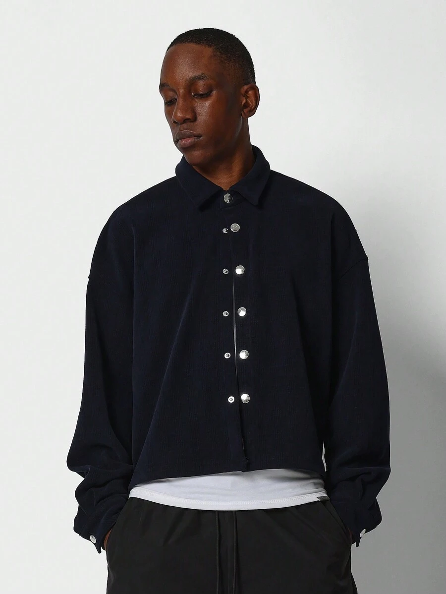 SUMWON Crop Fit Corduroy Button Through Shirt - Blue - View 1