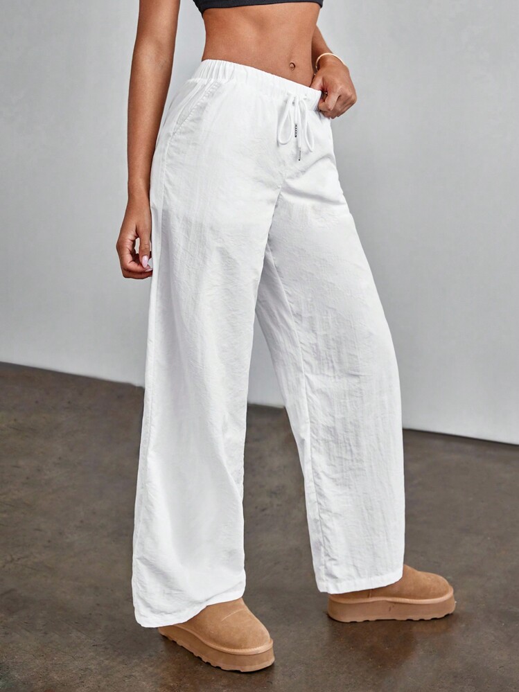 SHEIN EZwear Quần dây rút eo màu trắng Xuân Hè - trắng - Xem 5