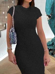 Vestito Estivo Da Donna In Pizzo A Tinta Unita Con Colletto Alla Cinese, Maniche Corte E Design Slim Fit, Lunghezza Lunga E Stile Elegante