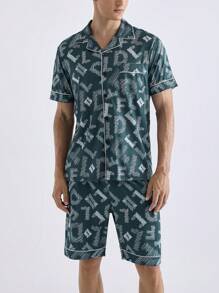 Men's Hyper All Over Print Lapel Button Front Pajama Set With Bermuda Shorts Loungewear - Multicolor - View 6