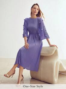 MOTF PREMIUM FASHIONABLE AND ELEGANT MID-LENGTH PLEATED DRESS WITH THREE QUARTER SLEEVES AND BELT - Purple - View 2
