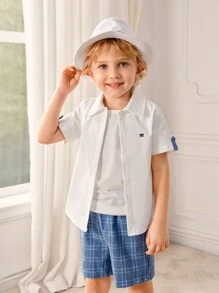 SHEIN 2pcs YoungBoy Outfit, Short Sleeve Graphic Shirt And Breathable Plaid Shorts, Suitable For Spring/Summer, School, Party - White - View 5