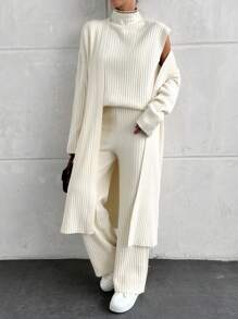 EURMUSE Solid Color Minimalist Waffle Knit Ribbed Three-Piece Set - Beige - View 1