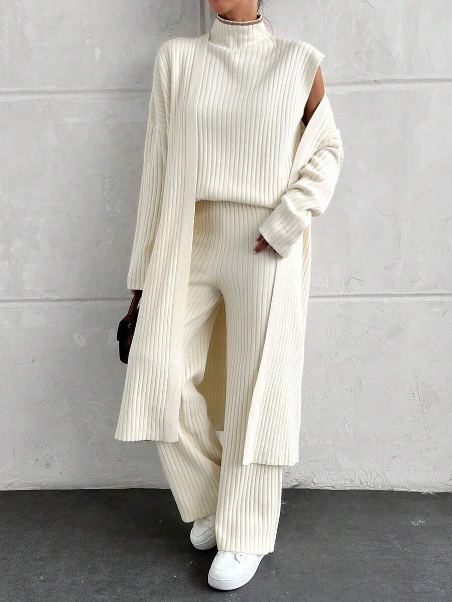 EURMUSE Solid Color Minimalist Waffle Knit Ribbed Three-Piece Set - Beige - View 1