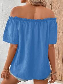 SHEIN LUNE Camisa elegante para mujer de unicolor con encaje en los hombros y corte holgado - Celeste - Ver 2