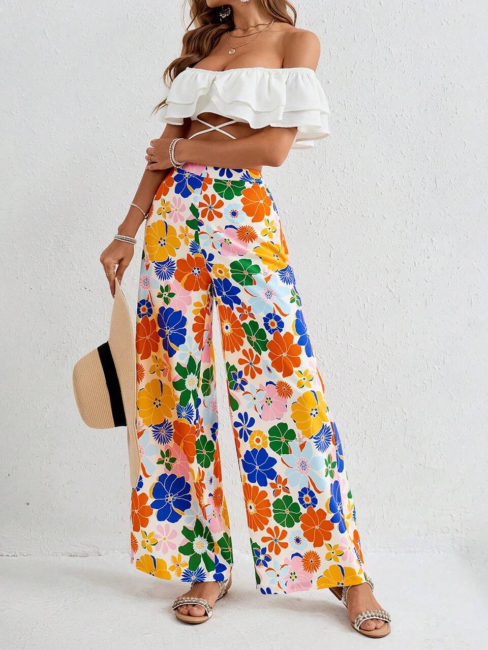 2pcs Vacation Style Woven Jumpsuit Set For Women, Including Off-Shoulder Top And High Waist Pants