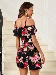 SHEIN Clasi Vestido de primavera con hombros descubiertos, estampado floral y detalle de volantes - Negro - Ver 2