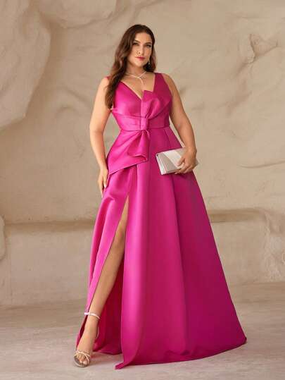 SHEIN Belle Plus Size Elegant Formal Dress In Dark Red With Deep V-Neck, High Slit And Asymmetrical Bowknot For Evening Party Prom Wedding Guest Gown, For Graduation, Dinner