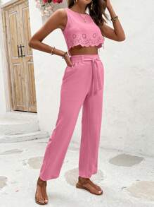 Breezaya Set áo crop top và quần dài màu trơn cho kỳ nghỉ và giải trí - Hồng - Xem 5