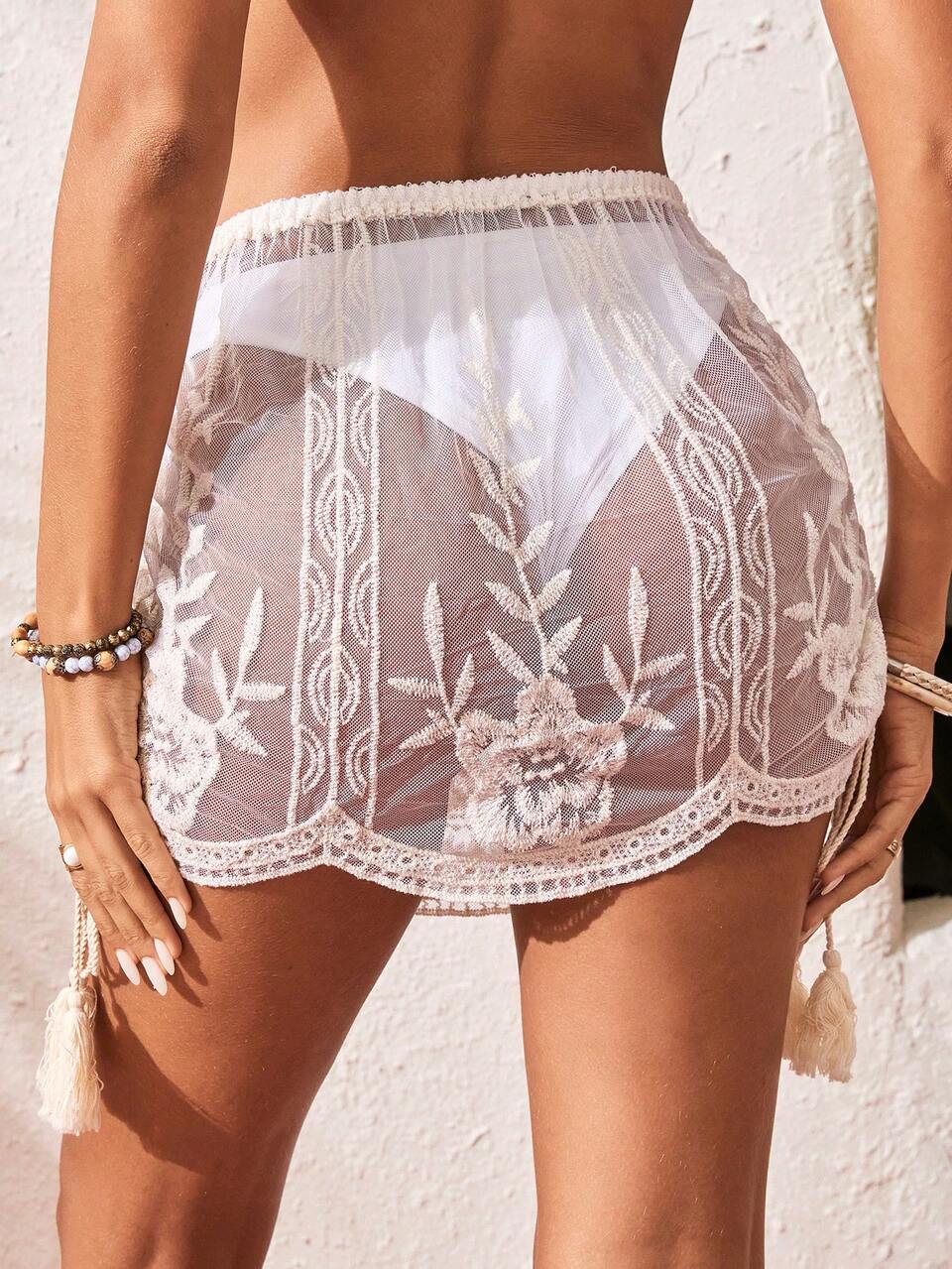 Summer Beach Embroidered Mesh Side-Tie Sheer Cover-Up Skirt