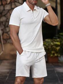 Manfinity Homme 男士夏季休閒純色短袖Polo衫和短褲套裝 - 杏色 - 查看 6