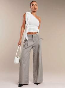 SHEIN BAE 秋季服裝卡其色高街休閒外出綜合十字腰高腰寬腿褲亞麻褲 - 灰色 - 查看 3