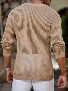Manfinity Homme Suéter casual de manga larga para hombre con cuello redondo, bolsillo y tejido transparente - Caqui - Ver 2