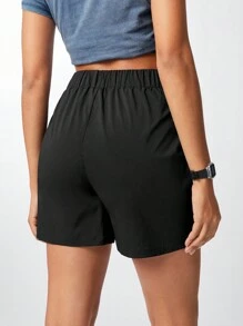 SHEIN Sports Solid Color Elastic Waistband Sports Shorts With Pockets, Summer - Black - View 2