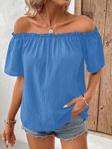 SHEIN LUNE Camisa elegante para mujer de unicolor con encaje en los hombros y corte holgado - Celeste - Ver 3
