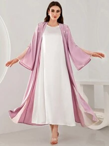 Al Najma Coffee Color Grid Sheer Classic Handmade Modest Long Sleeve Arabian Abaya With Rhinestones, Robe - Pink - View 6