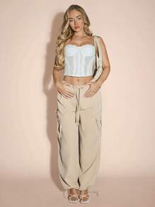 SHEIN BAE Pantalones de verano de carga tipo paracaídas sólido caqui con cordón, puños elásticos, pernera ancha ajustable - Caqui - Ver 5