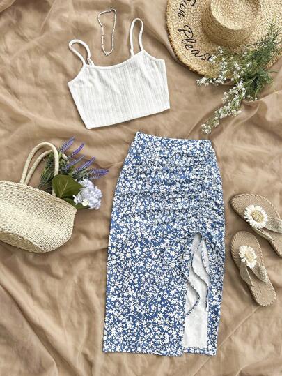 Soleia 女士夏季假日純色背心上衣和花邊側開叉裙子休閒2件套裝