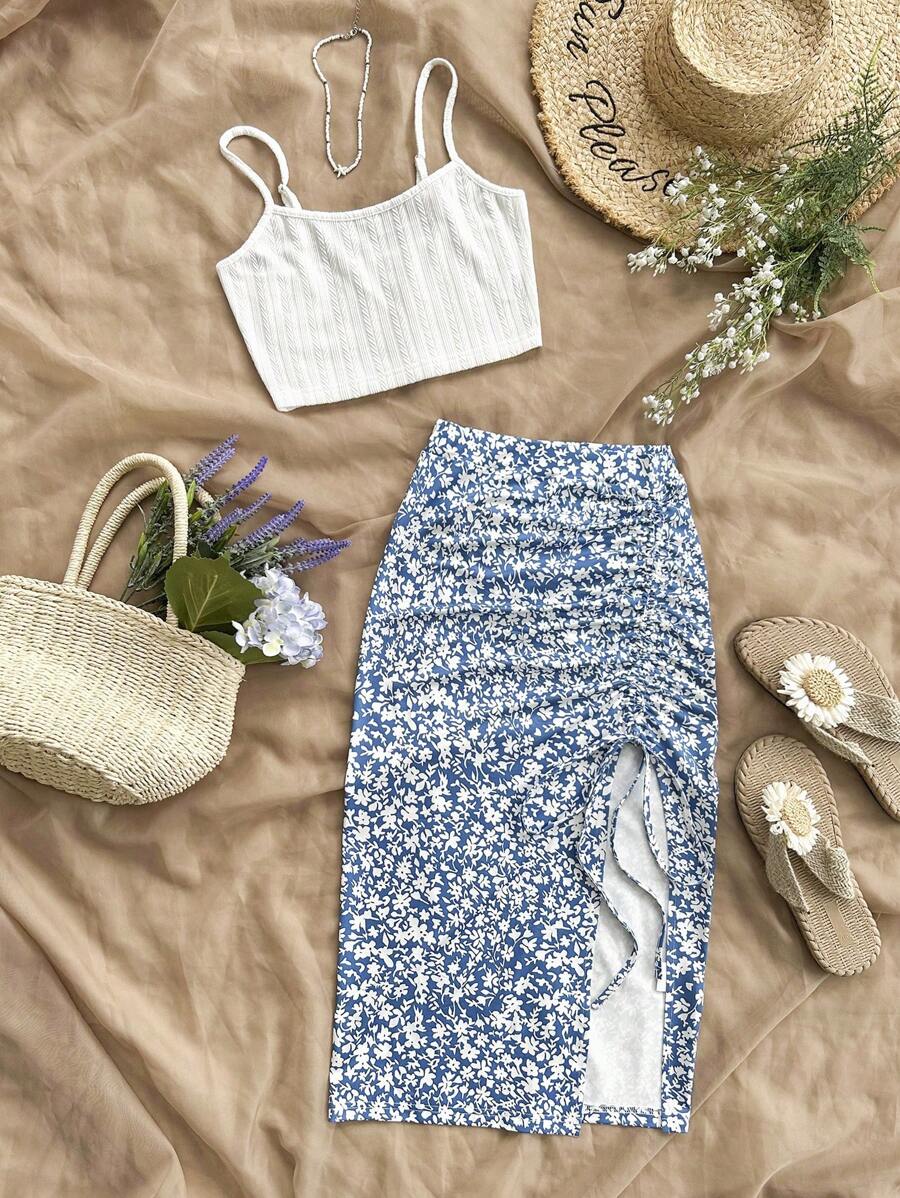 Soleia 女士夏季假日純色背心上衣和花邊側開叉裙子休閒2件套裝 - 藍白色 - 查看 1