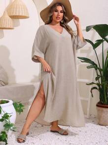 Swim Lushoire Đầm xẻ cổ chữ V màu trơn cỡ lớn - Màu Khaki - Xem 3