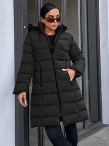 RueChic Women'S Medium-Long Padded Jacket With Collar - Black - View 5