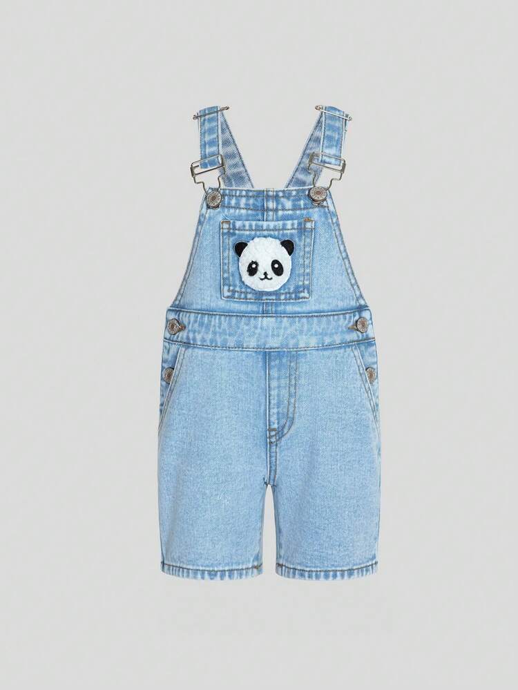 Baby Boys Cartoon Patched Sleeveless Denim Jumpsuit With Pockets