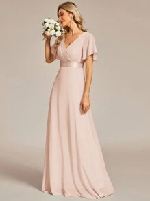 EVERPRETTY Elegant V-Neck Ruffle Butterfly Sleeve Champagne Bridesmaid Dress, Wedding Guest Dress, Spring/Summer Formal Dress For Wedding, Birthday Party, Graduation - Champagne - View 12
