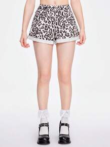ROMWE Kawaii Women's Leopard Rolled Hem Casual Denim Shorts - Pink - View 6