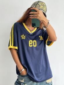 Coolane Camiseta oversize de mujer con cuello en V, colorblock y gráficos números deportivos en azul oscuro