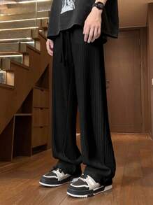Quần ống đứng nhăn dáng rộng thoải mái cho nam, màu trơn, mùa hè, mùa thu - màu đen - Xem 3