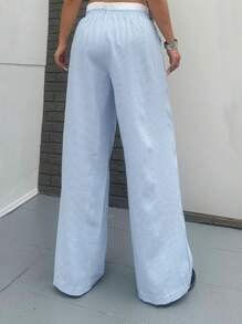 Flirla Plus Size Women's Elastic Waist Blue And White Striped Patchwork Pants - Blue and White - View 4