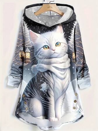 Women's Casual Fashion Round Neck Cat Print Long Sleeve Hooded Sweatshirt,Long Sleeve Tops
