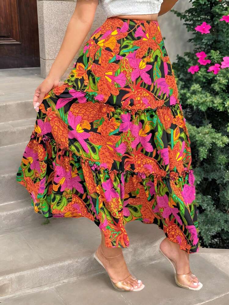 Summer Women's Bohemian Seaside Vacation Floral Print Tower Skirt Women's Layered Ruffle Skirt