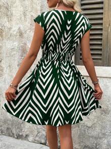 SHEIN Clasi Women's Summer Casual Striped & Printed Shirred Short Sleeve Belted Dress - Dark Green - View 2