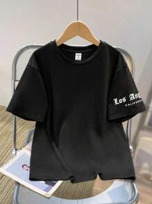 Tween Bé Trai Casual Dạo Phố Casual Fit Cổ Tròn Tay Ngắn Đan Áo Phông In Chữ Họa Tiết - màu đen - Xem 2