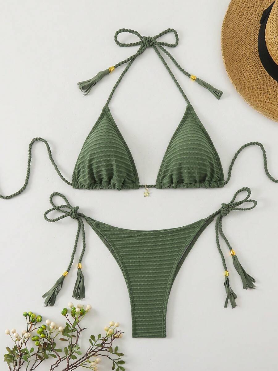 SHEIN Swim Bộ bikini cổ yếm màu trơn, trang phục đi biển mùa hè cho nữ - xanh quân đội - Xem 1