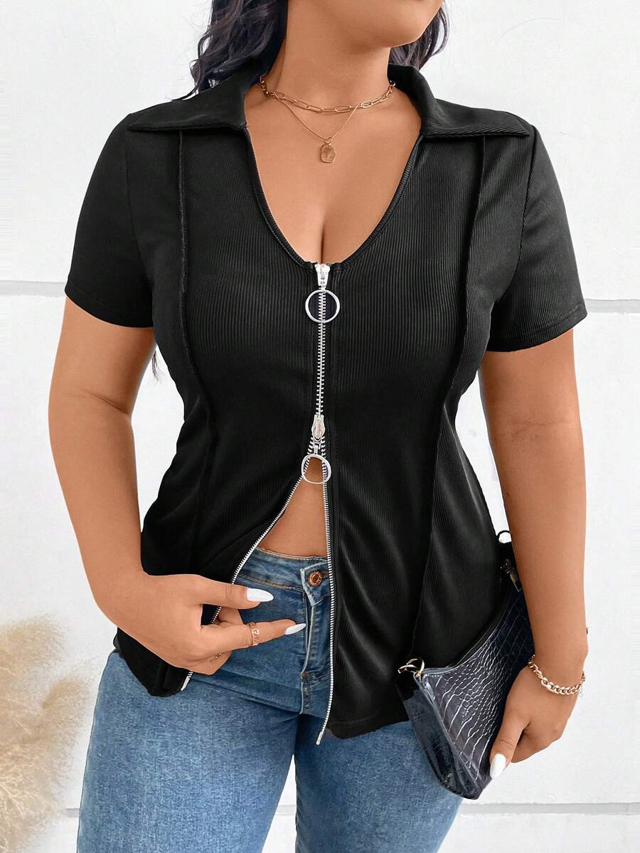 Calvaya Plus Size Mùa Hè Thường Ngày Màu Trơn Đôi Dây Kéo Áo Thun Tay Ngắn - màu đen - Xem 1