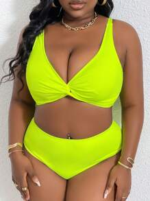 Slaydiva Plus Size Solid Color Twisted Swimwear Set For Summer Beach