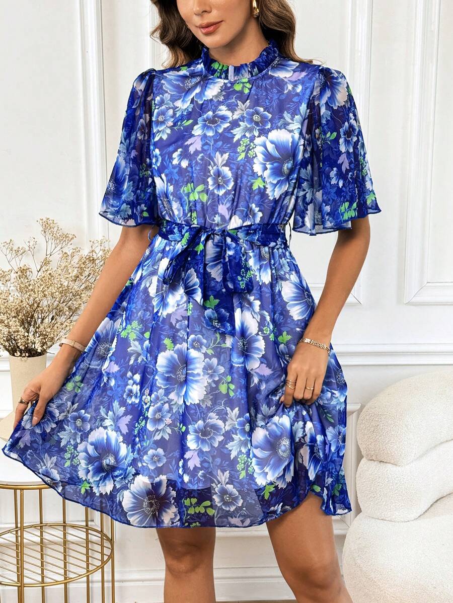 SHEIN Clasi Abito stampato floreale blu per donne in stile Bridgerton - Blu - Visualizzare 1