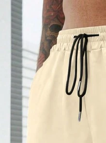 Manfinity Homme Shorts de cordón de unicolor de verano para hombres - Caqui - Ver 3