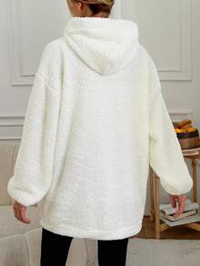 SHEIN Cottnline Thêu Chữ Thả vai Dây rút Teddy Hoodie - trắng - Xem 2