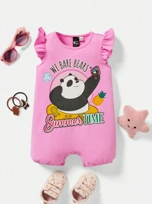 We Bare Bears X SHEIN Baby Girl Pink Adorable Holiday Photoshoot Cartoon Bear Print Romper With Ruffle Armhole - Pink - View 1