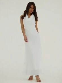 Aloruh 无袖法式垂坠领口高端轻奢极简森系挂脖连衣裙春夏音乐节人鱼轮廓收腰连衣裙 - 白色 - 查看 2