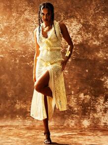 Bowknot Decorated Sleeveless Lace Dress With High Side Split, Perfect For Cocktail Party - Apricot - View 1