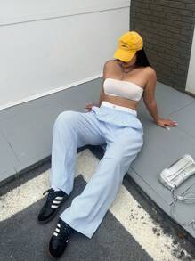 Flirla Plus Size Women's Elastic Waist Blue And White Striped Patchwork Pants - Blue and White - View 7