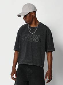 SUMWON Crop Fit Washed Tee With Front Graphic Print - Black - View 3