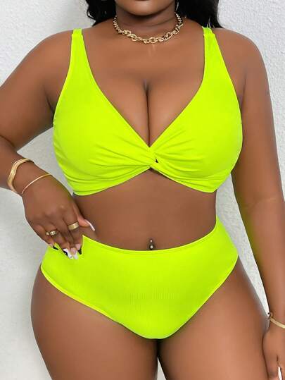 Slaydiva Plus Size Solid Color Twisted Swimwear Set For Summer Beach