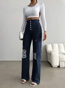 SHEIN Cottnline Vaqueros De Mezclilla Desgastados Con Botones En La Parte Delantera Para Mujer - Azul lavado oscuro - Ver 5