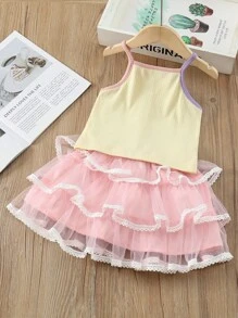 Baby Girl Sweet Butterfly Decorated Spaghetti Strap Top And Lace Hem Tulle Skirt Set, Summer - Pink - View 2