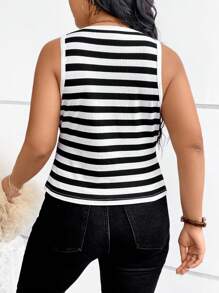 Calvaya Áo ba lỗ cổ tròn in gân & gân cỡ lớn cho mùa hè Áo thun họa tiết thường ngày dành cho nữ - Đen và trắng - Xem 2